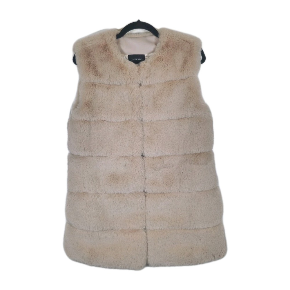 Dolce Cabo Womens Faux Fur Tiered Vest Beige Champagne Small Hook Eye Closure